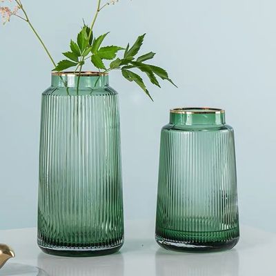 Golden Metal Top Green Fluted Glass Vase Decor Modern Style Flower Holder For Home Office